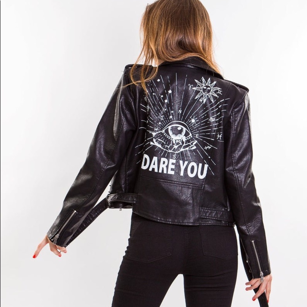 Black faux leather jacket with print
